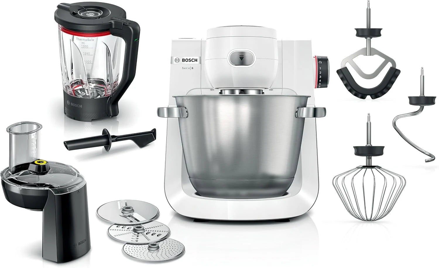 Bosch, keukenmachine, Series 6, 1600 watt, 3D Planetary Mixing, patisserieset, versnipperaar, ThermoSafe glazen blender, wit/zilver roestvrij staal, MUMS6EW22