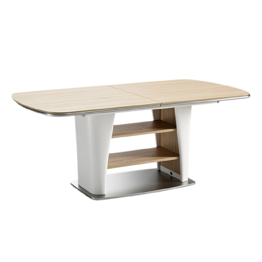 Eettafel met uitbreidbare top en moderne wit- en houtafwerking