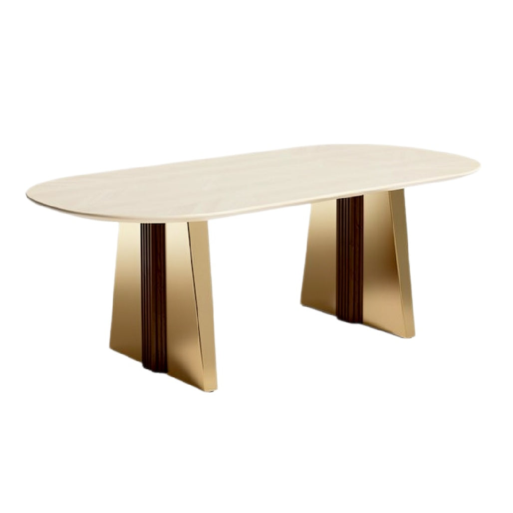 Moderne ovalen eettafel met gouden gepolijste onderstel en lichte houten top