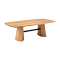 Moderne eettafel van massief eikenhout met elegante, afgeronde hoeken en een uniek zwart metalen onderstel.