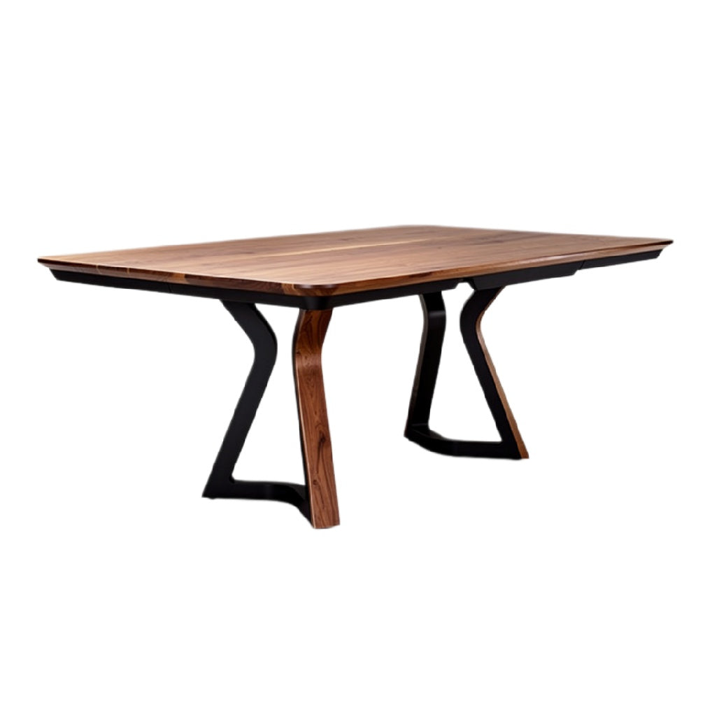 Moderne eettafel met zwart metalen onderstel en houten blad