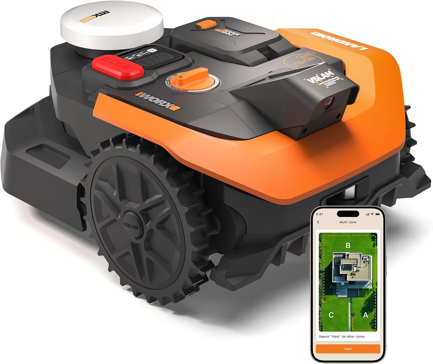 Worx Landroid Vision Cloud WR303E 2WD robotgrasmaaier, robotmaaier zonder begrenzingsdraad voor 300 m², (AI-obstakelherkenning, VSLAM + RTK-cloudnavigatie, automatische mapping, app-bediening)