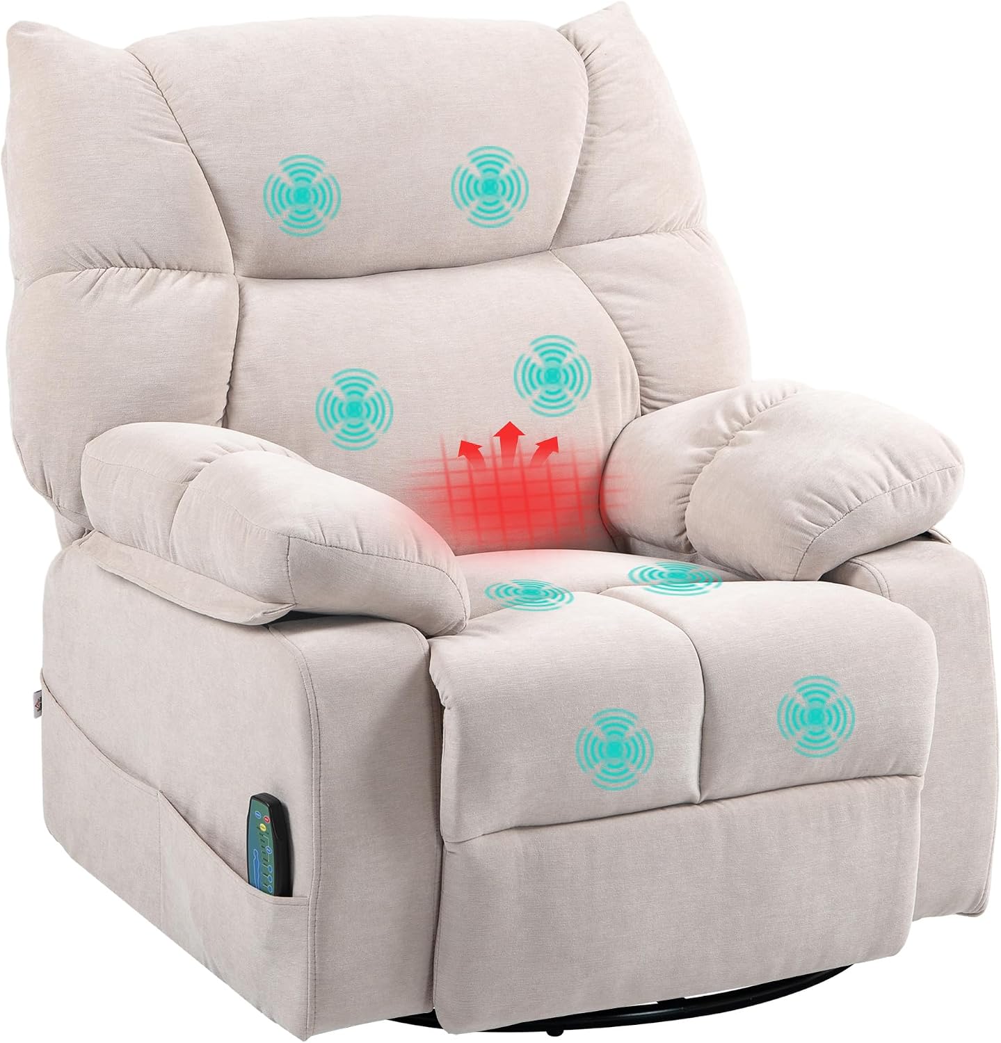 HOMCOM Relaxstoel, massagestoel, televisiestoel met ligfunctie, warmtefunctie, schommelfunctie, draaibare tv-stoel met voeteneinde, zijvak, afstandsbediening voor woonkamer, donkergrijs(Beige)