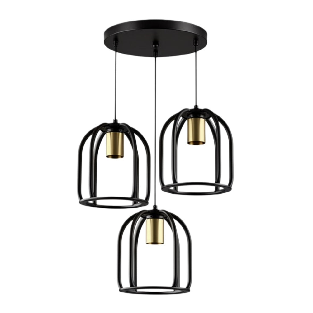"Moderne Hanglamp met Drie Zwarte Kooi-Designs en Gouden Accenten"