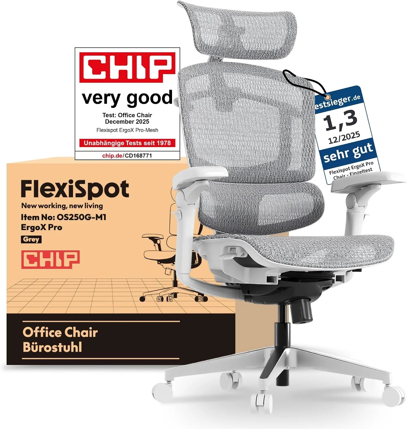 FlexiSpot ErgoX Pro Ergonomische Bureaustoel, 12-voudige hoogteverstelling, 7D-armleuningen, 5D-lumbale ondersteuning, 4D-kopsteun, draagvermogen 250 kg, schuimrubberen zitting, Zwart(ErgoX Pro-Mesh/Grijs)