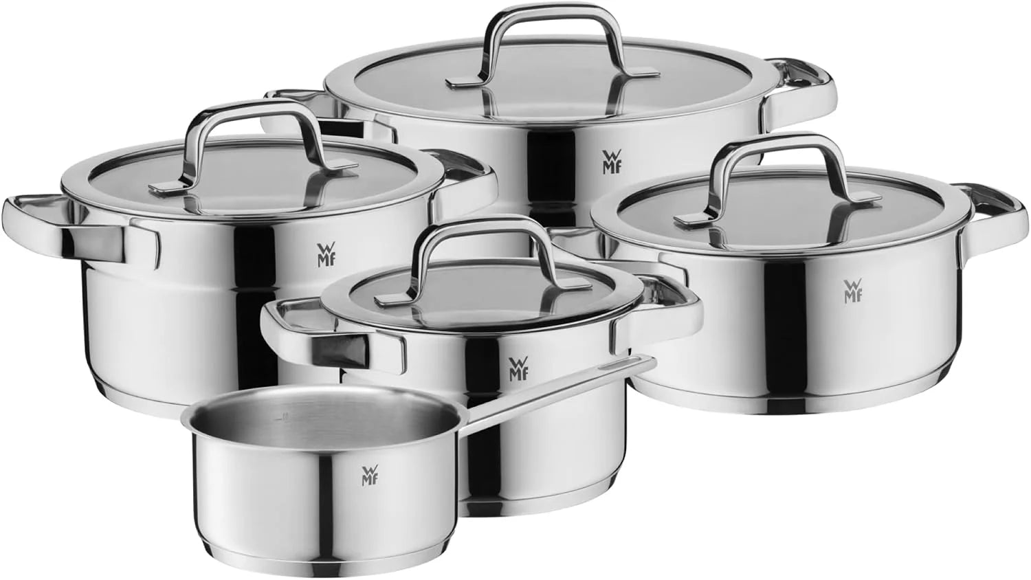 WMF 790556380 Compact Cuisine Pannenset 5-delig, Stapelbaar tot 4 producten, Cromargan RVS, TransTherm universele bodem, Glazen deksel, Brede schenkrand