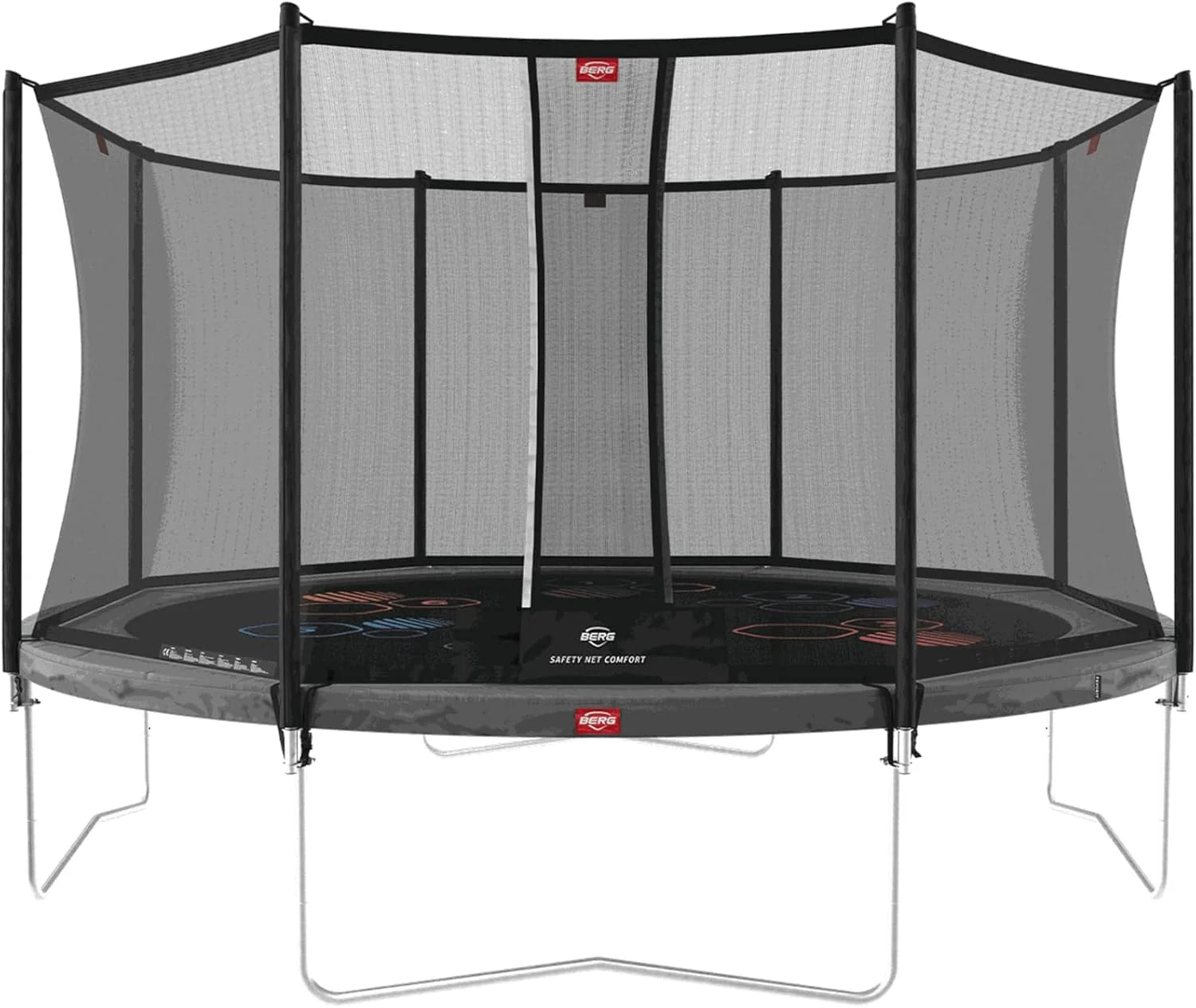 BERG Favorit Trampoline Regular | Safety Net Comfort Veiligheidsnet | Ronde tuintrampoline voor kinderen | Airflow springdoek | SoloSpring veren | UV-bestendige randafdekking(Grijs/Ø 430 (Levels))