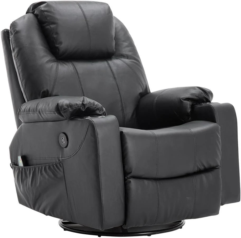 MCombo televisiestoel van rundleer, relaxstoel, massagefauteuil, met verwarming, USB-aansluiting, handmatig verstelbaar (zwart)