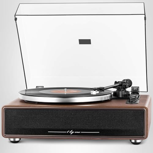 1 by ONE High Fidelity Belt Drive Turntable with Built-in Speakers, Vinyl Record Player with Magnetic Cartridge, Bluetooth Playback and Aux-in
