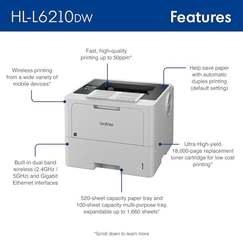 Brother Professional Laser Printer with High-Speed 50 ppm Output, Advanced Security Features, and Wireless Networking for Business, Monochrome