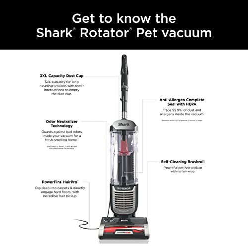 Shark NV501 Rotator Professional Lift-Away Upright Vacuum with HEPA Filter, Swivel Steering, LED Headlights, Wide Upholstery Tool, Dusting Brush &