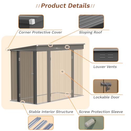 Greesum Outdoor Storage Shed 6 x 8 ft. Utility Tool Shed Metal Storage Garden Shed with Door & Lock for Patio Storage, Brown