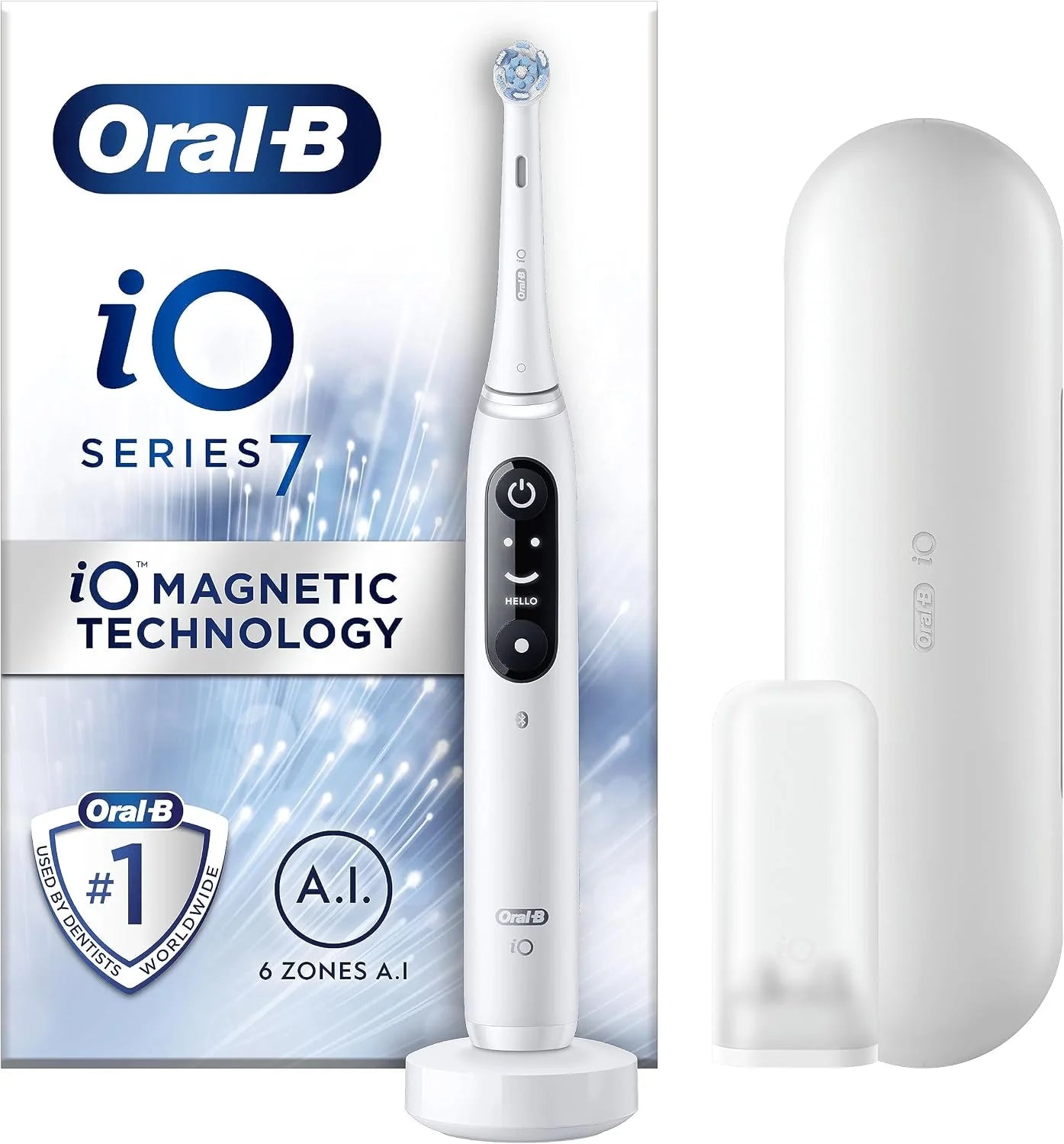 Oral-B iO7 elektrische tandenborstel met revolutionaire magnetische technologie, app verbonden handvat, 1 tandenborstelkop en reiskoffer, 5 modi met tanden bleken, geschenkset, wit