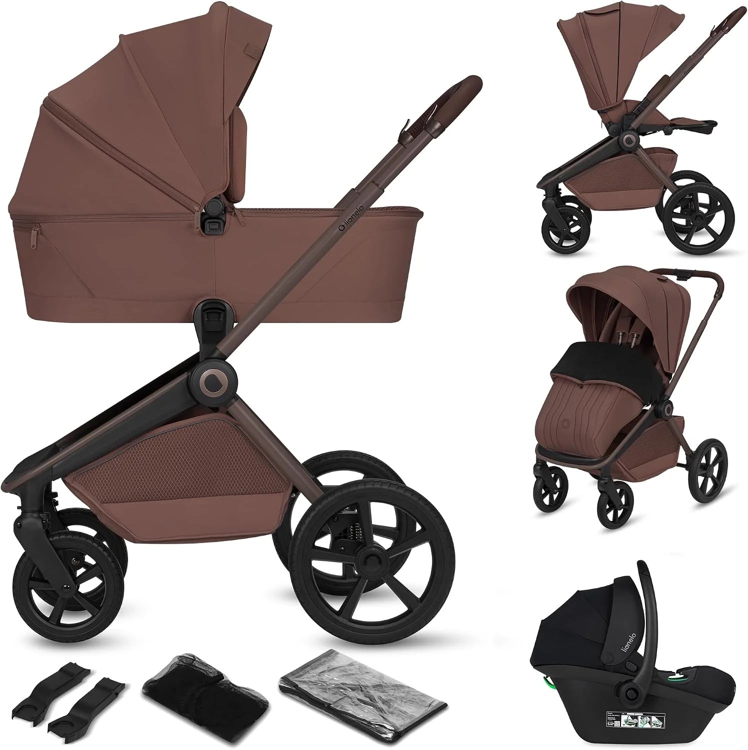 Lionelo Freya 3-in-1 Kinderwagen met Opvouwbare Reiswieg, Autostoel  Buggy (0-4 jaar, tot 22 kg), Compact Inklapbaar, PU Wielen, XXL Zitvlak, 3D Ventilatie, UPF50+, Omkeerbare Zitting, Accessoires(Bruin Chocolade)