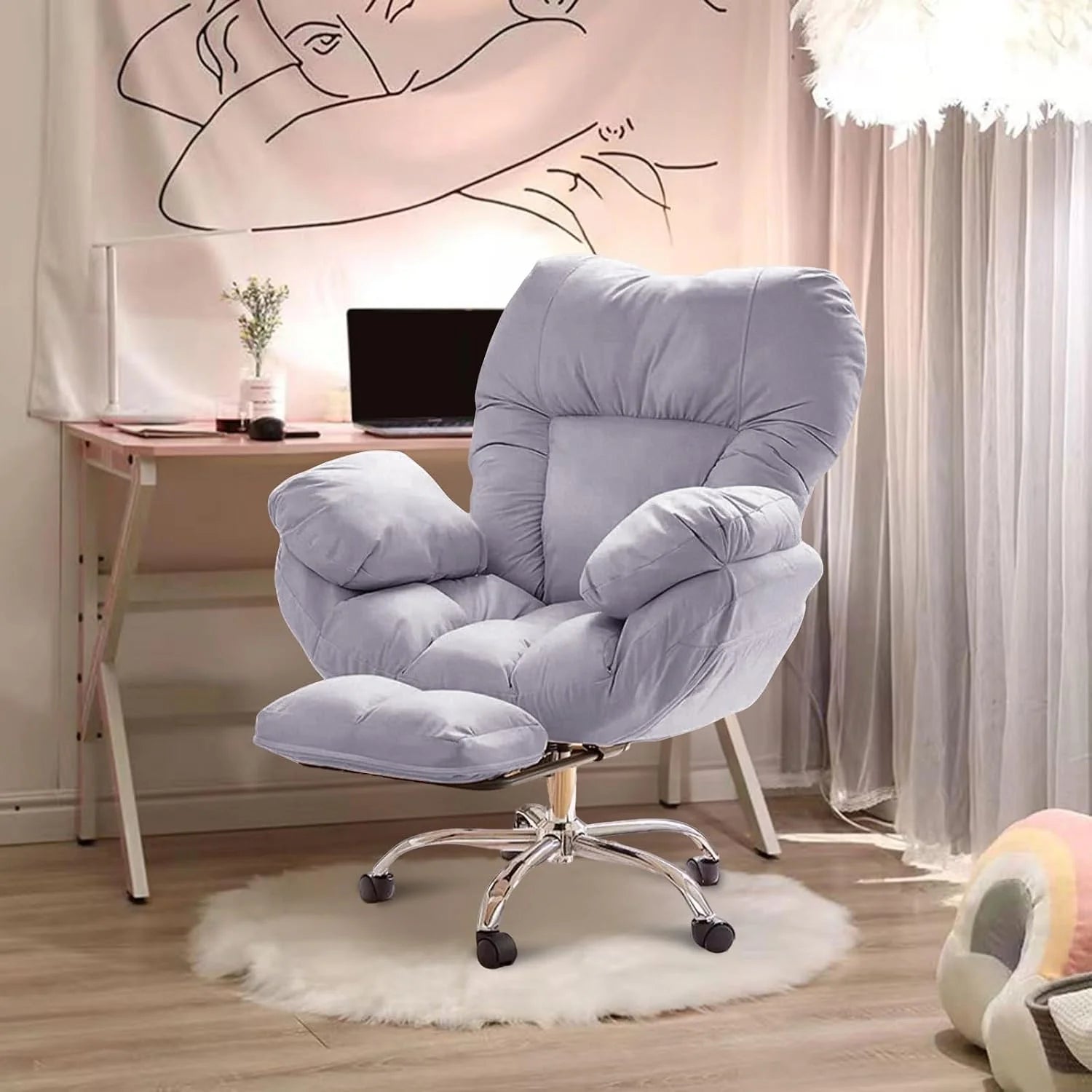 Moderne bureaustoel met wielen, verstelbare hoge rug met voetensteun  lumbaalsteun, make-up ijdelheid Comfy Office Gaming computer taakstoel Beige 28x28x47in(Gray)