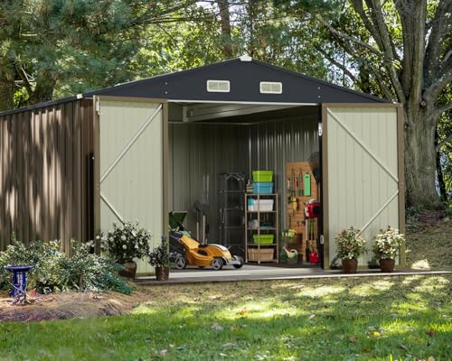 Greesum Outdoor Storage Shed 6 x 8 ft. Utility Tool Shed Metal Storage Garden Shed with Door & Lock for Patio Storage, Brown