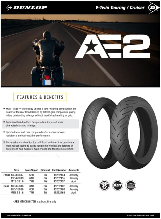 Dunlop AE2 Rear Tire 180/55B-18 | American Elite Cruiser Touring Motorcycle Tire