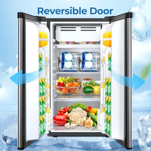 3.2 Cu.ft Mini Fridge with Freezer, Compact Refrigerator with Reversible Single Door, Adjustable Thermostat, Low Noise, Energy Efficient for Office