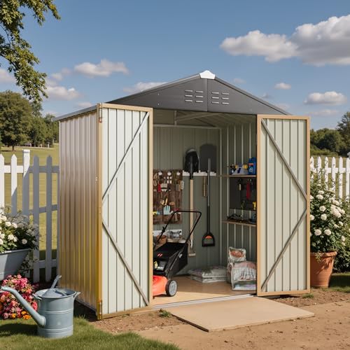 Greesum Outdoor Storage Shed 6 x 8 ft. Utility Tool Shed Metal Storage Garden Shed with Door & Lock for Patio Storage, Brown