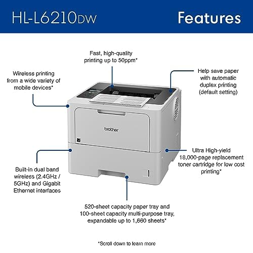 Brother Professional Laser Printer with High-Speed 50 ppm Output, Advanced Security Features, and Wireless Networking for Business, Monochrome