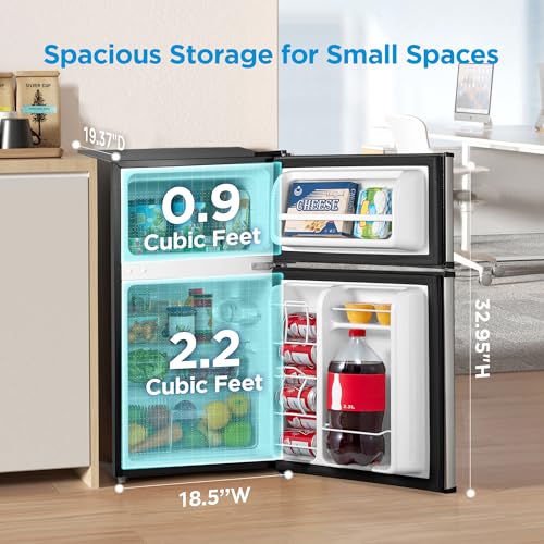 Midea WHD-113FB1 Double Door Mini Fridge with Freezer for Bedroom Office or Dorm with Adjustable Remove Glass Shelves Compact Refrigerator, 3.1 cu ft