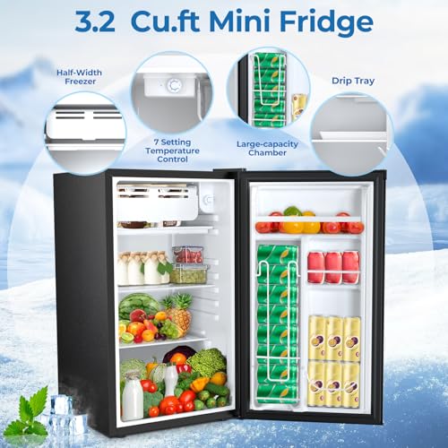 3.2 Cu.ft Mini Fridge with Freezer, Compact Refrigerator with Reversible Single Door, Adjustable Thermostat, Low Noise, Energy Efficient for Office
