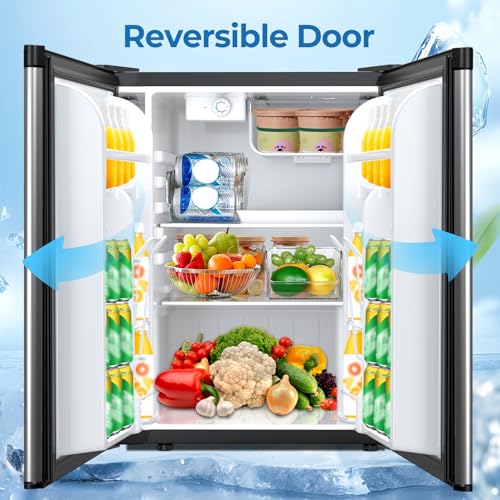 3.2 Cu.ft Mini Fridge with Freezer, Compact Refrigerator with Reversible Single Door, Adjustable Thermostat, Low Noise, Energy Efficient for Office