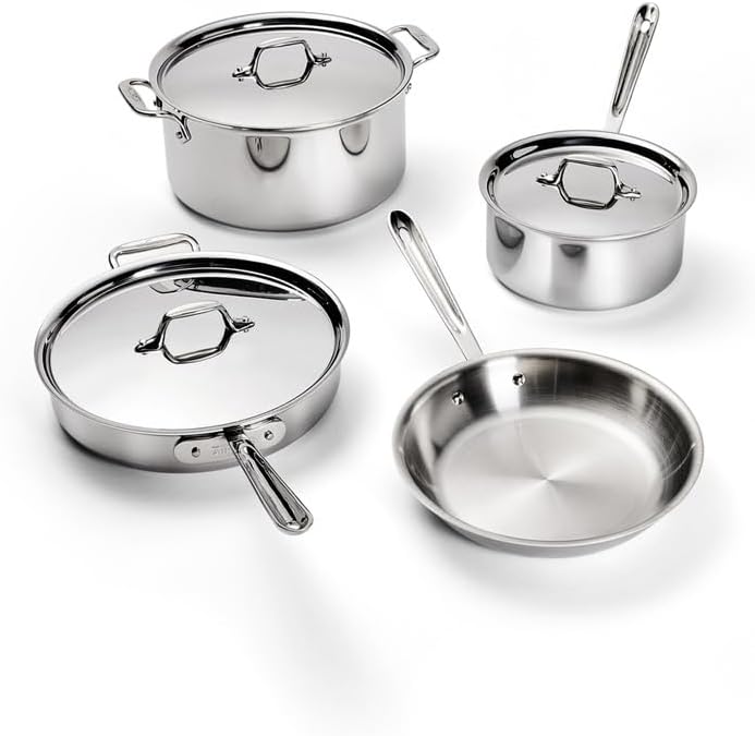 All-Clad D3 3-Ply Stainless Steel Cookware Set C 7-Piece Pots and Pans Set, Induction, Oven Broiler Safe 600F - Includes Frying Pans, Saucepans