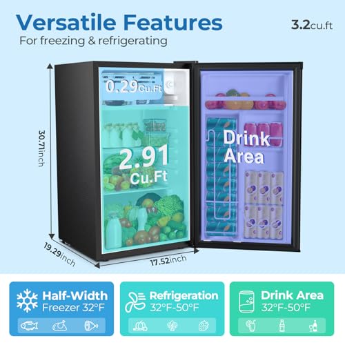 3.2 Cu.ft Mini Fridge with Freezer, Compact Refrigerator with Reversible Single Door, Adjustable Thermostat, Low Noise, Energy Efficient for Office