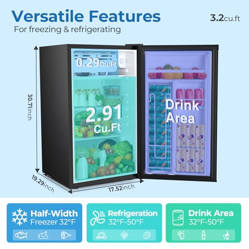 3.2 Cu.ft Mini Fridge with Freezer, Compact Refrigerator with Reversible Single Door, Adjustable Thermostat, Low Noise, Energy Efficient for Office