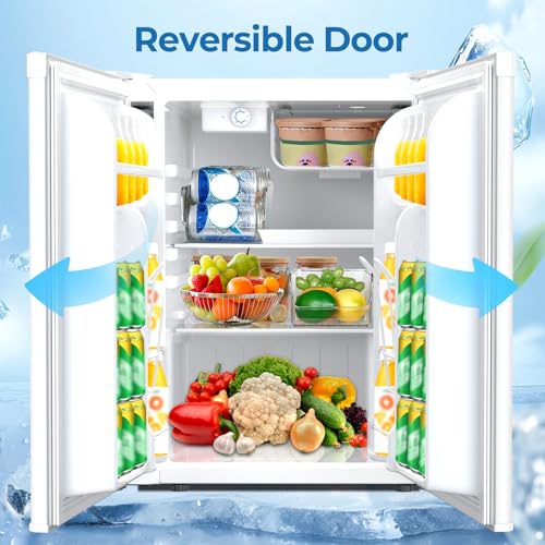 3.2 Cu.ft Mini Fridge with Freezer, Compact Refrigerator with Reversible Single Door, Adjustable Thermostat, Low Noise, Energy Efficient for Office