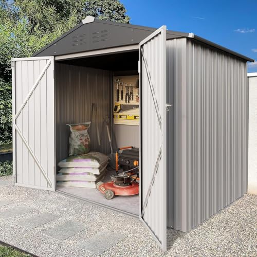 Greesum Outdoor Storage Shed 6 x 8 ft. Utility Tool Shed Metal Storage Garden Shed with Door & Lock for Patio Storage, Brown