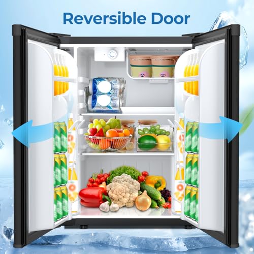 3.2 Cu.ft Mini Fridge with Freezer, Compact Refrigerator with Reversible Single Door, Adjustable Thermostat, Low Noise, Energy Efficient for Office