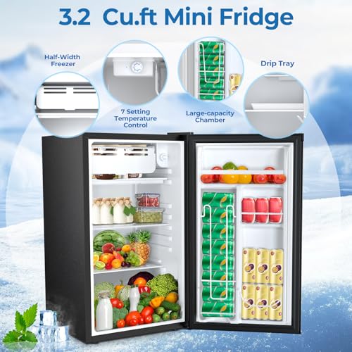 3.2 Cu.ft Mini Fridge with Freezer, Compact Refrigerator with Reversible Single Door, Adjustable Thermostat, Low Noise, Energy Efficient for Office