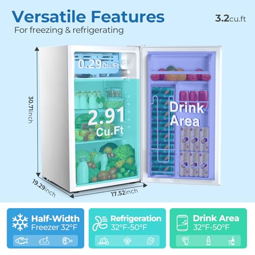3.2 Cu.ft Mini Fridge with Freezer, Compact Refrigerator with Reversible Single Door, Adjustable Thermostat, Low Noise, Energy Efficient for Office
