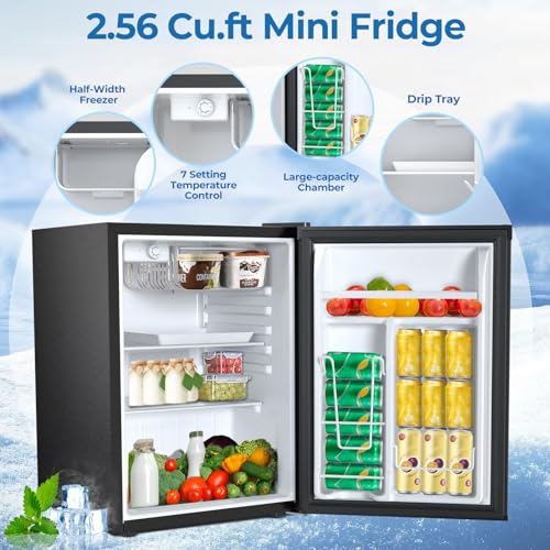 3.2 Cu.ft Mini Fridge with Freezer, Compact Refrigerator with Reversible Single Door, Adjustable Thermostat, Low Noise, Energy Efficient for Office