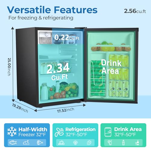3.2 Cu.ft Mini Fridge with Freezer, Compact Refrigerator with Reversible Single Door, Adjustable Thermostat, Low Noise, Energy Efficient for Office