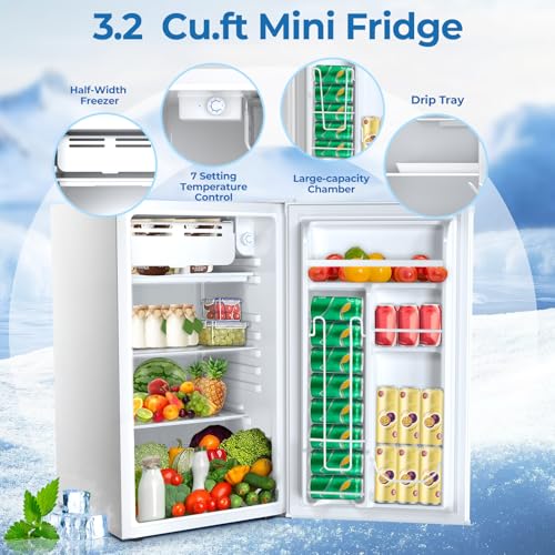 3.2 Cu.ft Mini Fridge with Freezer, Compact Refrigerator with Reversible Single Door, Adjustable Thermostat, Low Noise, Energy Efficient for Office
