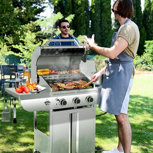 3-Burner Propane Gas Grill with Side Burner C 34,000 BTU Stainless Steel Outdoor BBQ Grill, Cast Iron Grates, Portable with Wheels for Patio, Camping