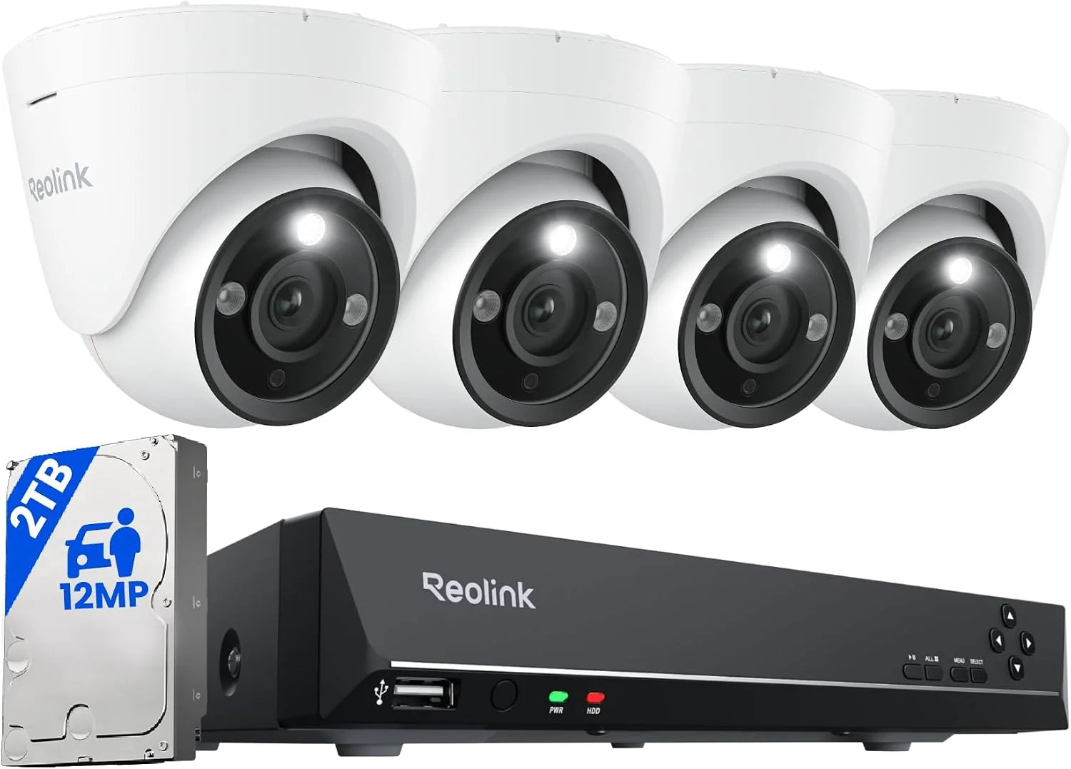 Reolink 12MP PoE Outdoor CCTV Camera System, H.265 8CH NVR met 2TB HDD voor 24/7 opname, 4X Dome IP Beveiligingscamera's met Persoon/Voertuigdetectie, Twee-weg Audio, Spotlights, RLK8-1200D4-A
