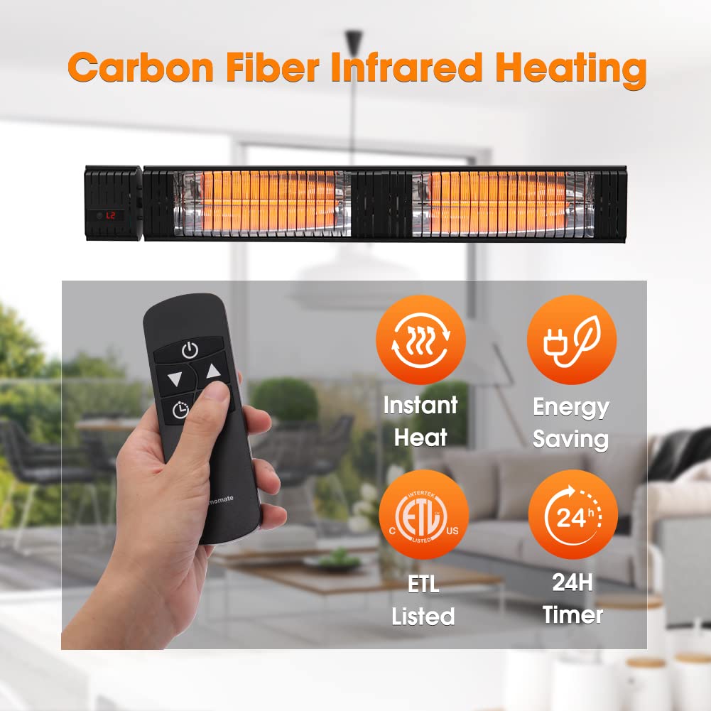 ThermoMate Infrared Electric Patio Heater, 3000W Carbon Fiber Heating for Outdoor/Indoor, Porch, Deck, Garage with Remote 24 Hours Timer, Hard Wired