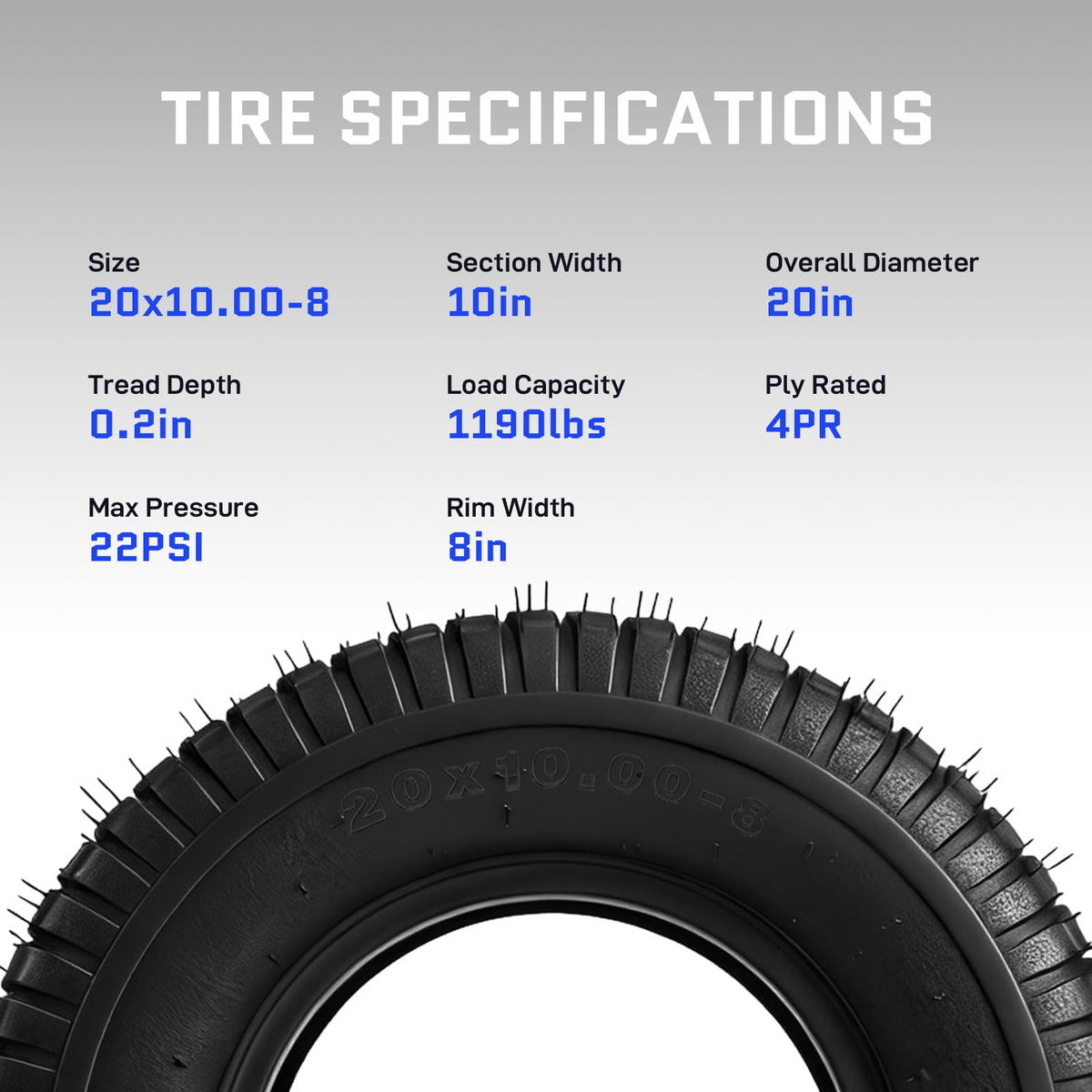 20x8.00-8 Lawn Mower Tire, 4 Ply,Tubeless, 2 Pack