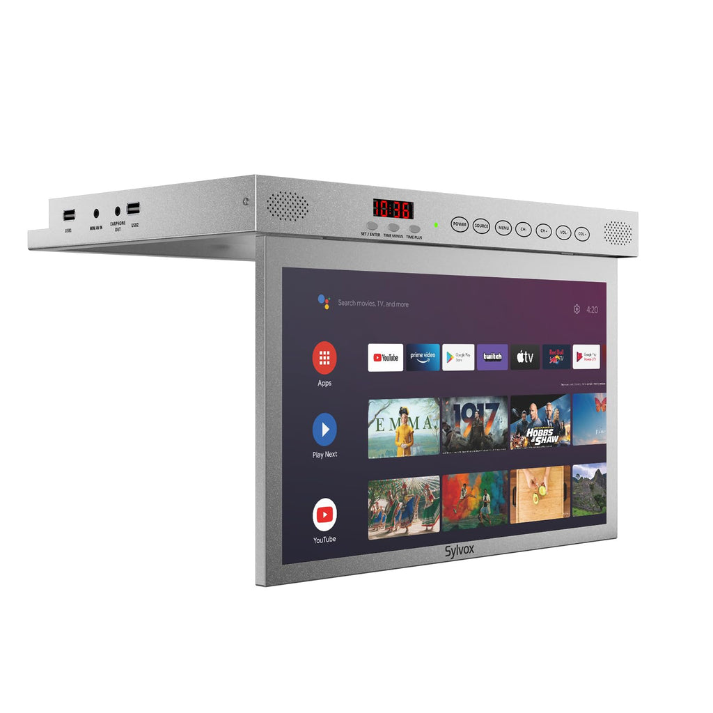 SYLVOX 15.6" Under Cabinet Smart TV C 360 Rotation, 90 Flip-Down Screen, Wireless Connectivity, Space-Saving Design for Kitchen, Bedroom, or RV.