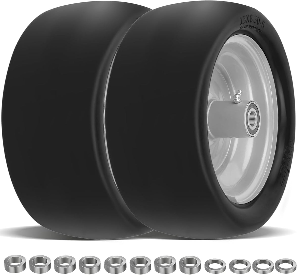 2 Pcs 13x6.50-6 Lawn Mower Tires Flat Free with 3/4" 1/2" 5/8" Bearings