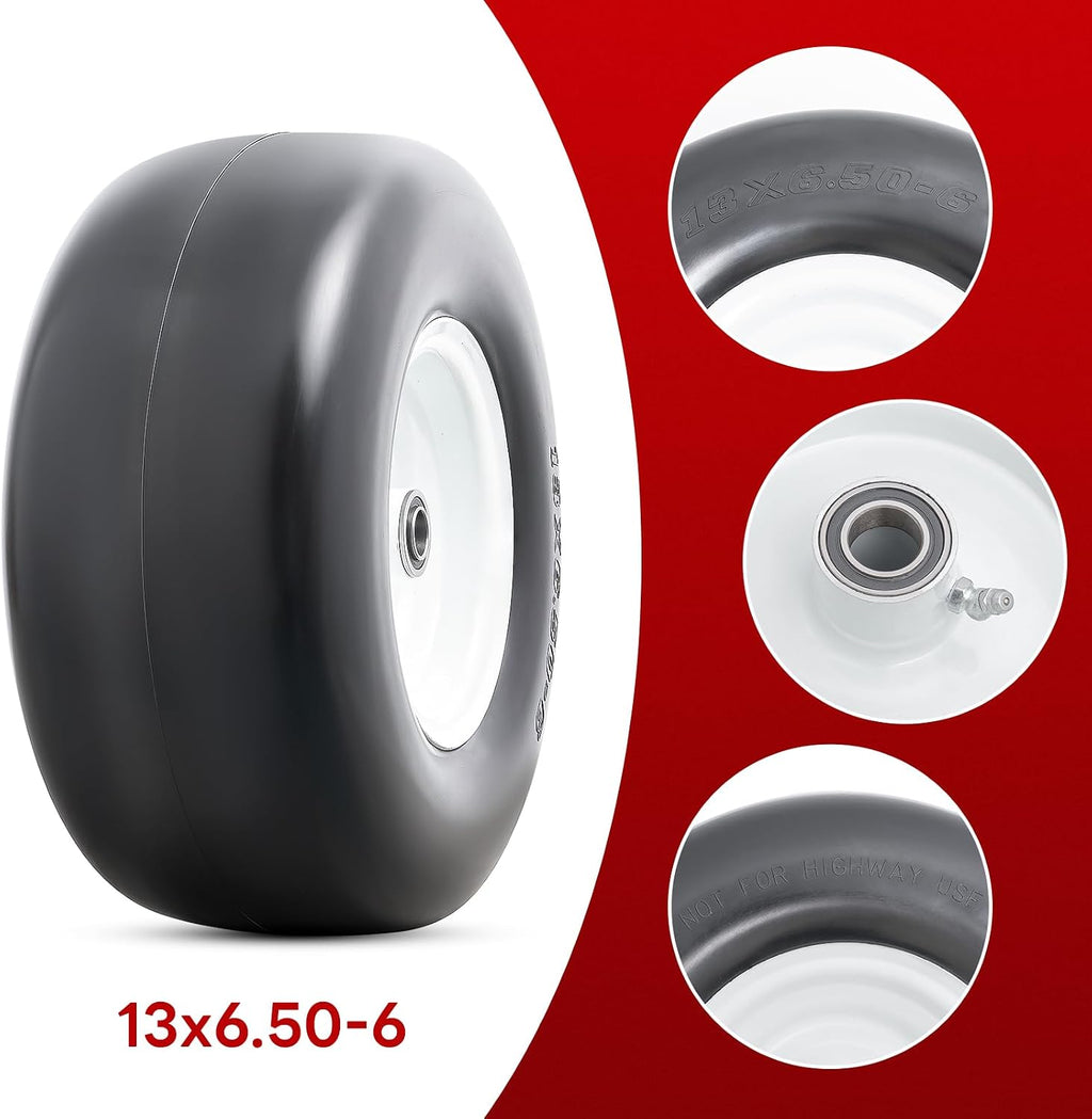 2PCS 13x6.50-6 Flat Free Lawn Mower Tires, 13" Solid Tire and Wheel