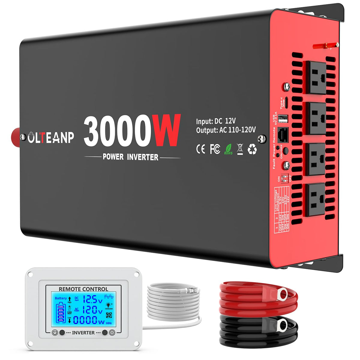 4000 Watt Power Inverter 12V DC to 110V AC Car Inverter with 4 AC Outlets, 30W Type-C Port, 3.1A USB Port, Remote Controller on LCD Screen, Peak