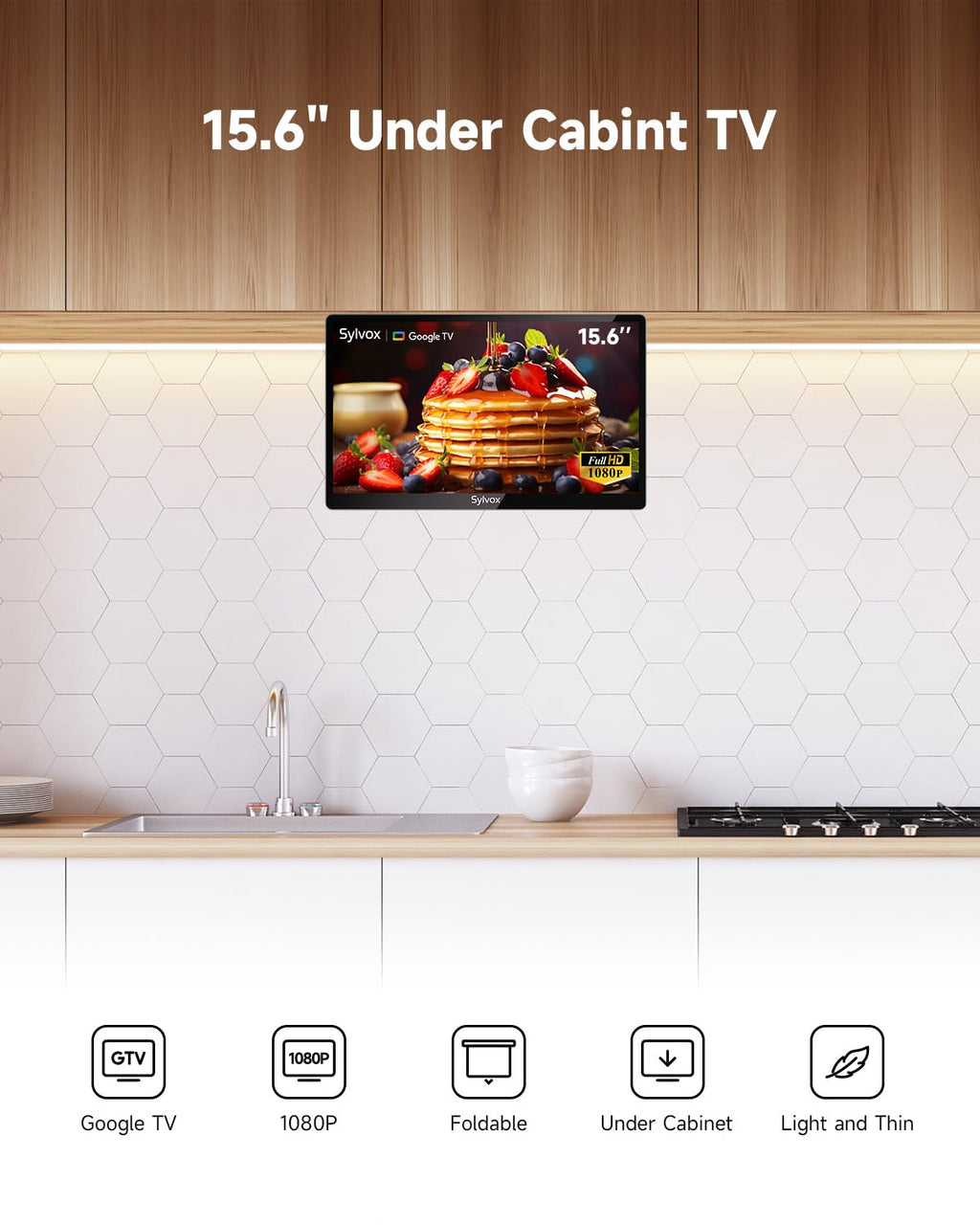 SYLVOX 15.6" Kitchen TV, 1080P FHD Under Cabinet TV with App Store, Voice Assistant, Chromecast, 12-Volt for Small Spaces, Kitchen, Bedroom, RV