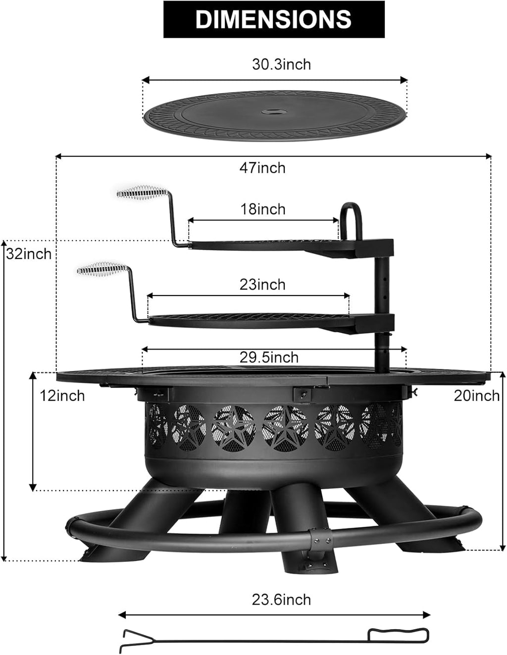 47 Inch Outdoor Fire Pit with 2 Grills, Extra Large BBQ Firepits for Outside, Metal Round Fire pits with Lid&Fire Poker,3 in 1 Wood Burning Outdoor