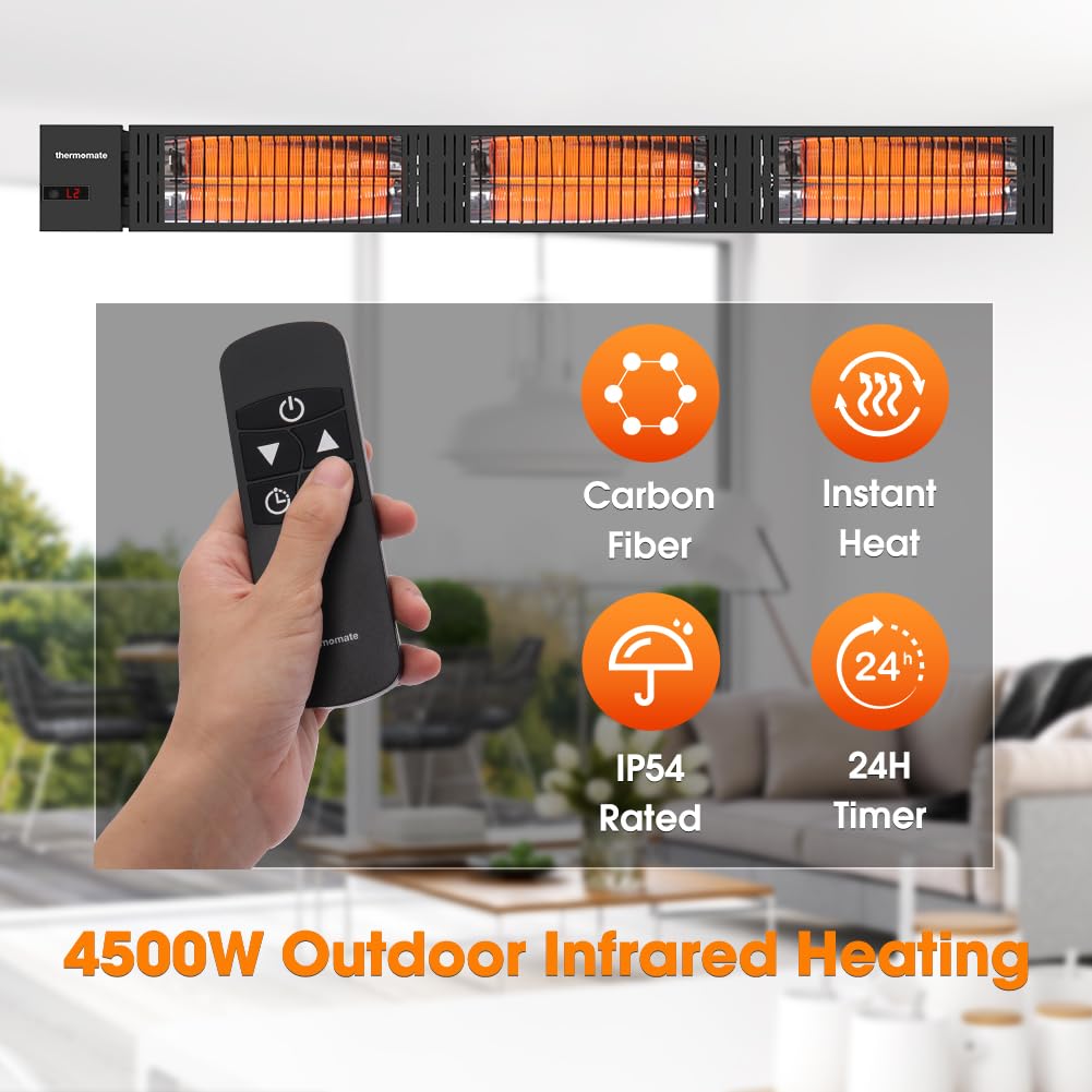 ThermoMate Infrared Electric Patio Heater, 3000W Carbon Fiber Heating for Outdoor/Indoor, Porch, Deck, Garage with Remote 24 Hours Timer, Hard Wired