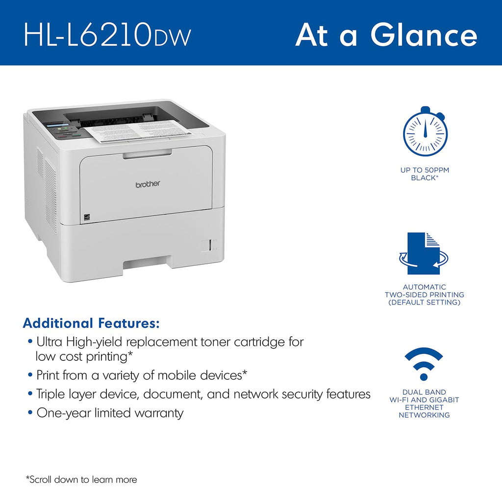 Brother Professional Laser Printer with High-Speed 50 ppm Output, Advanced Security Features, and Wireless Networking for Business, Monochrome